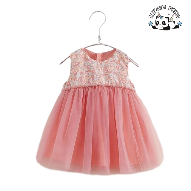 LEZONKIDS - Vestido de princesa de tule personalizável por atacado para meninas pequenas, sem mangas, estampado com flores para crianças de 2 a 14 anos